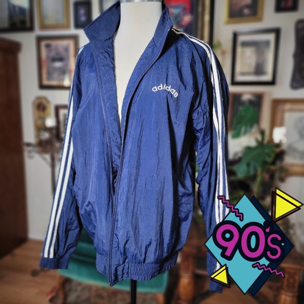 Adidas Windbreaker Jacket Vintage 90s Navy Blue Trefoil Track Top Mens Medium